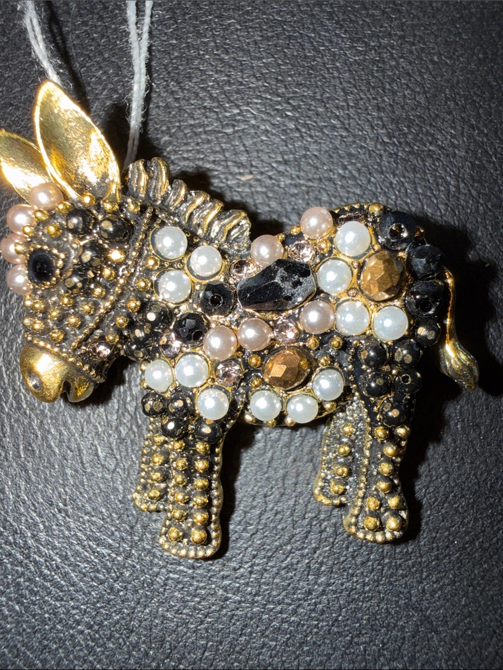 Beaded Gold-Tone Donkey Brooch with Pearlescent and Black Accents